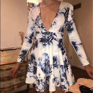 Blue Flower Neoprene Long Sleeve Dress